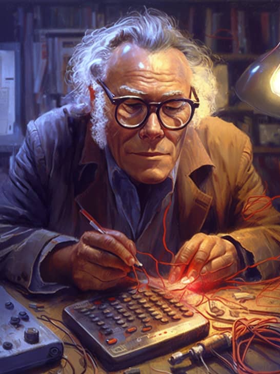 A funny image of Isaac Asimov making creative ideas